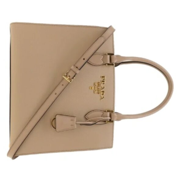 Prada Tote Saffiano Lux Medium Shoulder Bag Beige Leather 1BA227 New - Picture 1 of 5